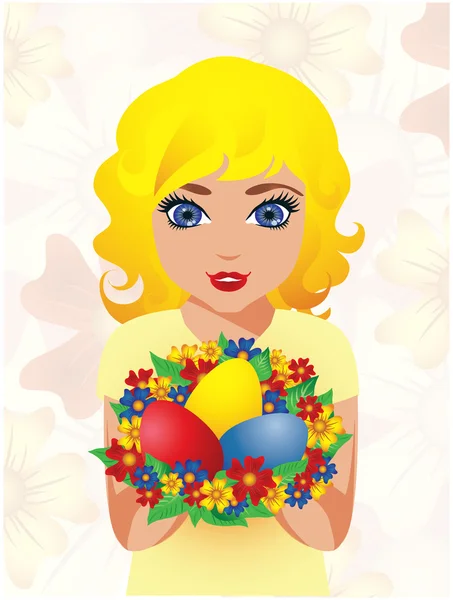 Hermosa chica con huevos de Pascua, ilustración de vectores — Vector de stock