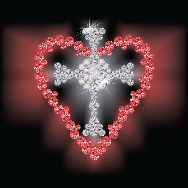 钻石十字架宗教和红宝石的心、 矢量 — 图库矢量图片