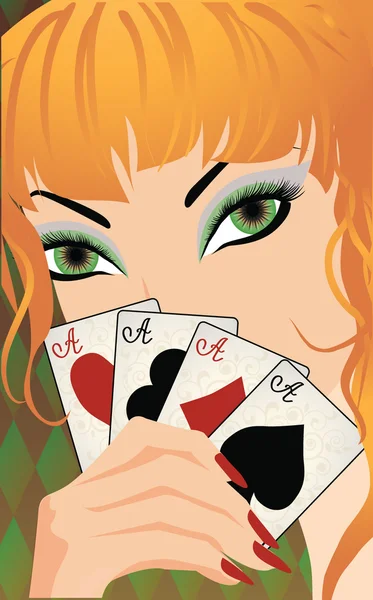 Menina bonita com cartões de poker, ilustração vetorial — Vetor de Stock