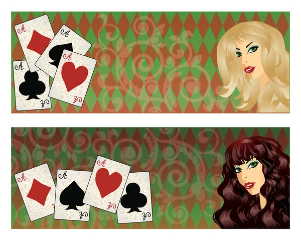 Banderas de Casino con chicas de póquer, ilustración vectorial — Vector de stock