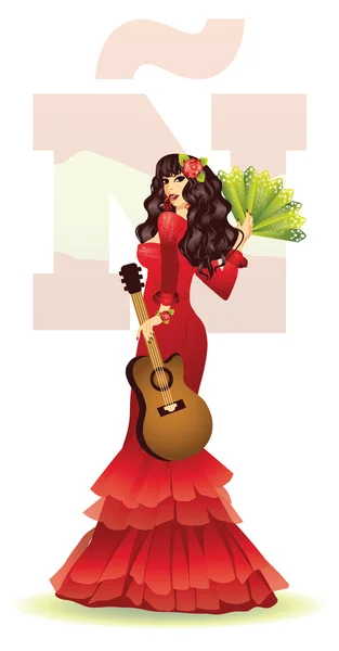Menina espanhola com guitarra, ilustração vetorial — Vetor de Stock