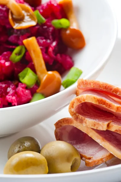 Ham olives and salad — Stock Photo, Image
