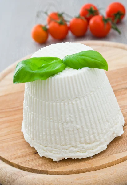 stock image Ricotta cheese with basil leaves.