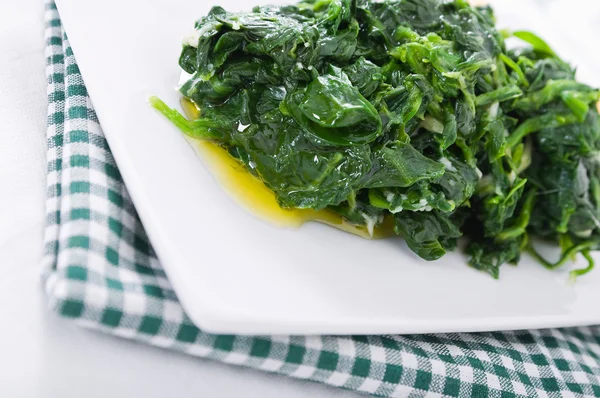 Spinaci bolliti su piatto bianco . — Foto Stock