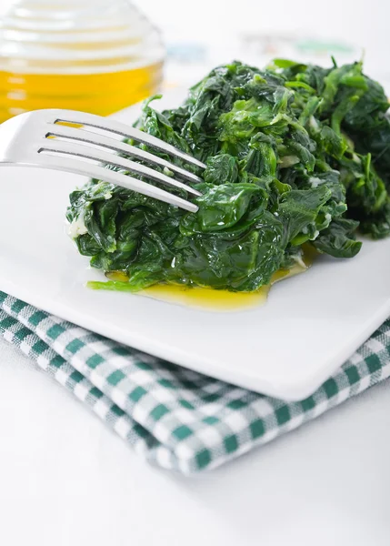Spinaci bolliti su piatto bianco . — Foto Stock