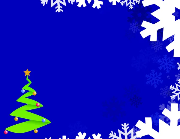 Fondo blu con fiocchi di neve e albero di Natale — Foto Stock