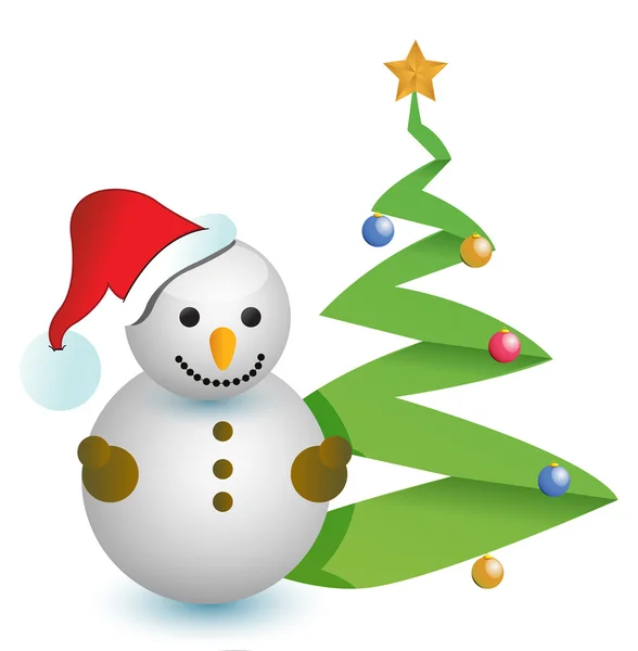Pupazzo di neve e albero di Natale disegno illustrazione su bianco — Foto Stock