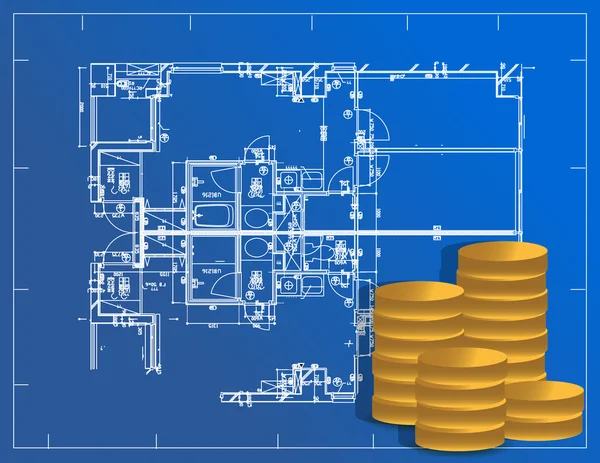 Detailed blueprint and coins illustration design — Stock Photo, Image