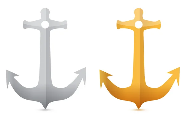 Gold and silver anchors illustrations designs on white — Stock Photo, Image
