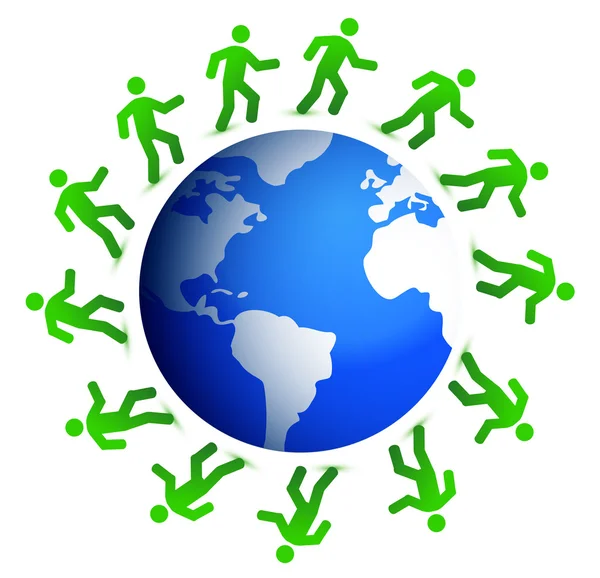 Zielony biegaczy wokół ilustracja niebieski świata — Zdjęcie stockowe