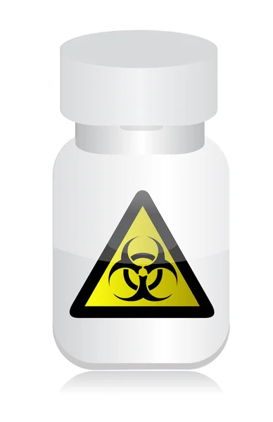 Garrafa de medicamento com sinal de aviso sobre fundo branco — Fotografia de Stock