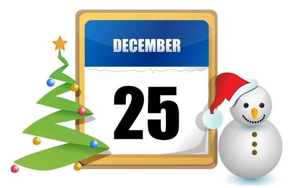 25 de dezembro árvore de calendário e desenho ilustração boneco de neve — Fotografia de Stock