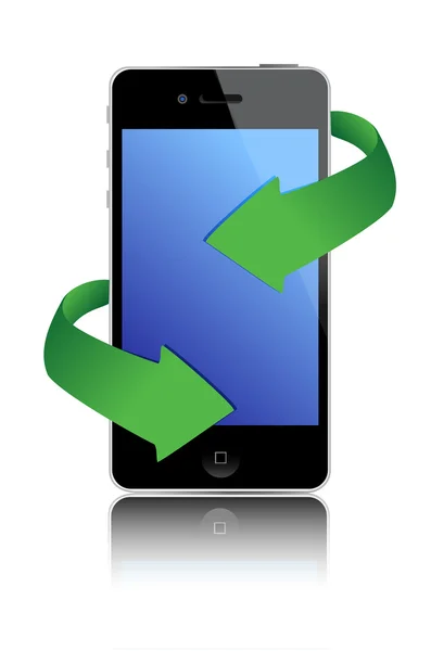 Illustratie, zwarte mobiele telefoon en groene pijlen ontwerp — Stockfoto