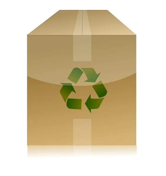 Caixa de papelão com símbolo de reciclagem no fundo branco — Fotografia de Stock