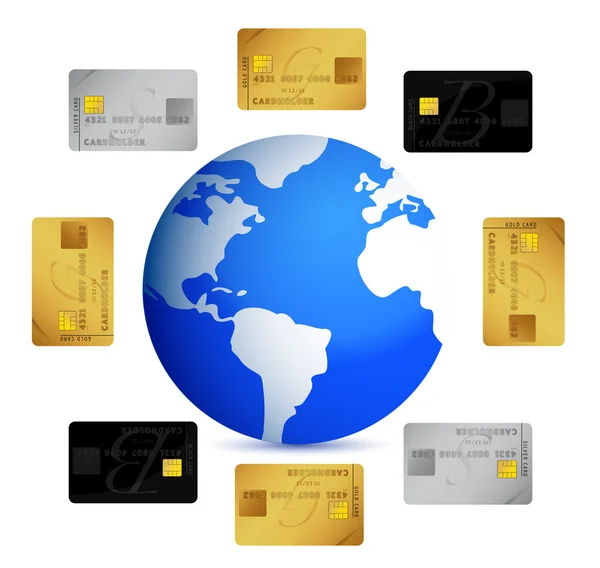 Globo con tarjetas de crédito alrededor del diseño de ilustración en blanco —  Fotos de Stock