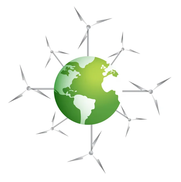 Moderne Windmühlen auf einem grünen Planeten Illustration Design auf weiß — Stockfoto