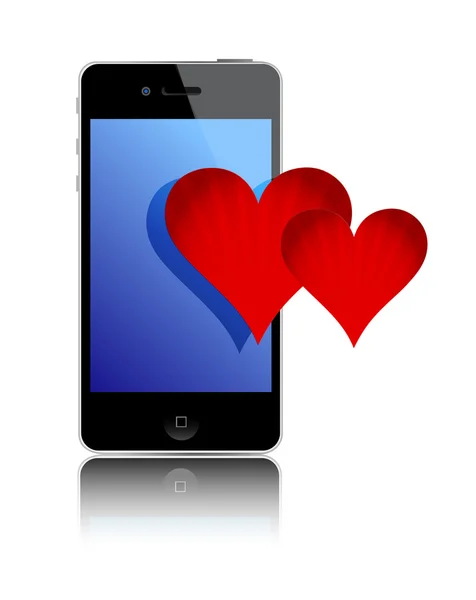 Smartphone e amor corações sobre um fundo branco — Fotografia de Stock