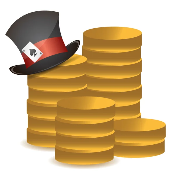 Pila di monete e cappello fortunato disegno illustrazione su bianco — Foto Stock