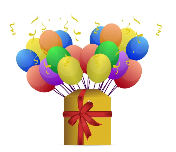 Geschenkbox und Luftballons Illustration Design auf weiß — Stockfoto