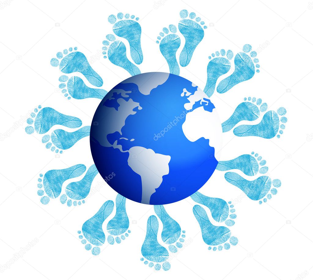 Foot prints around the earth illustration design on white
