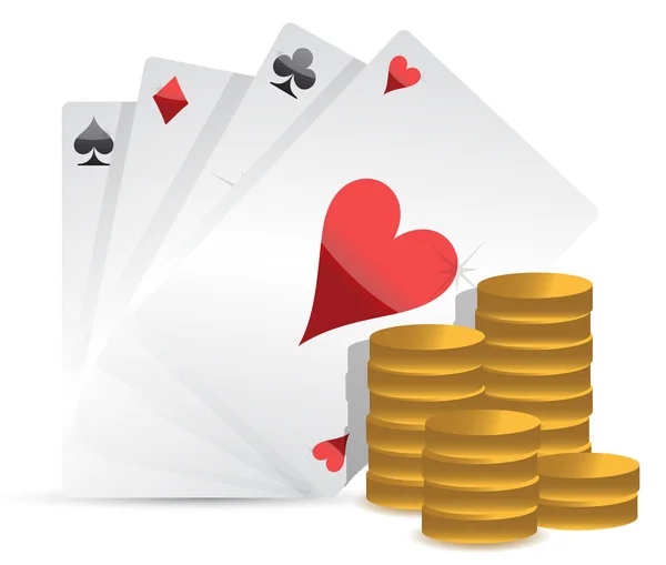 Cartões de poker e dinheiro de jogo sobre fundo branco — Fotografia de Stock