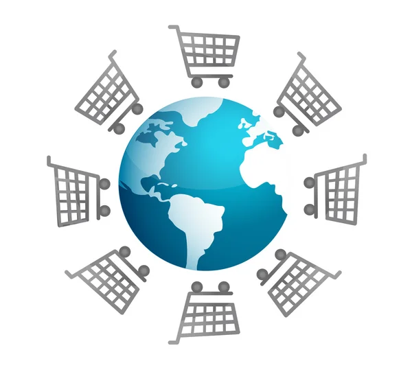 Shopping cart in tutto il mondo, concetto di mercato globale — Foto Stock