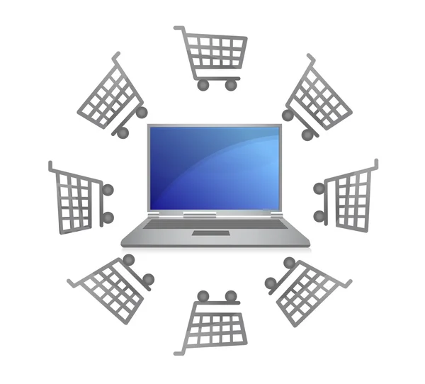 Concepto de comercio electrónico-carros de compras alrededor de la computadora portátil —  Fotos de Stock