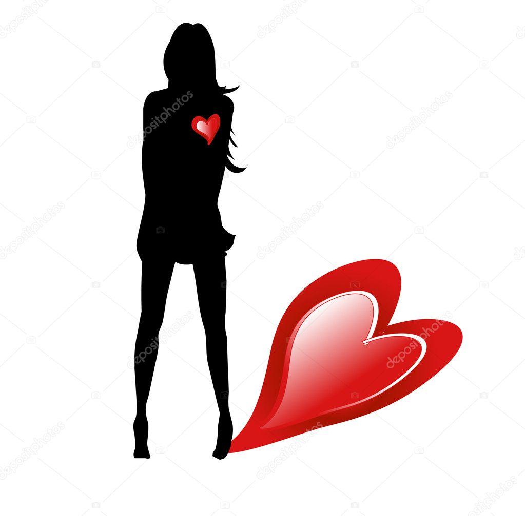 Silhouette woman with hearts on white background