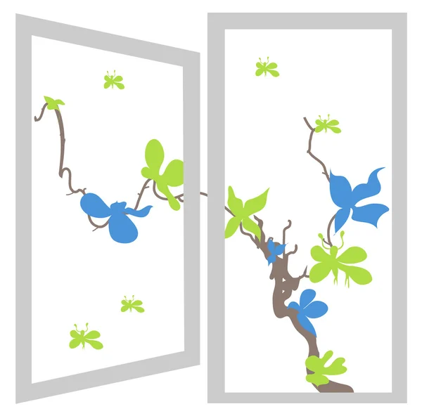 उघडा विंडो बुश निळा आणि हिरवा फुले — स्टॉक व्हेक्टर