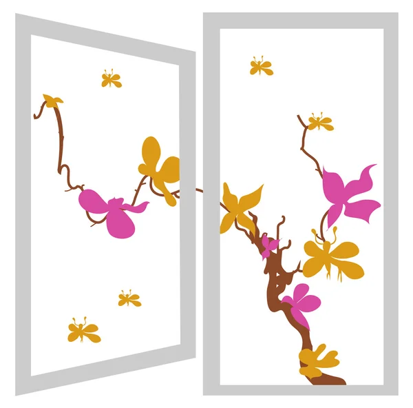 Open venster bush oranje en violet bloemen — Stockvector