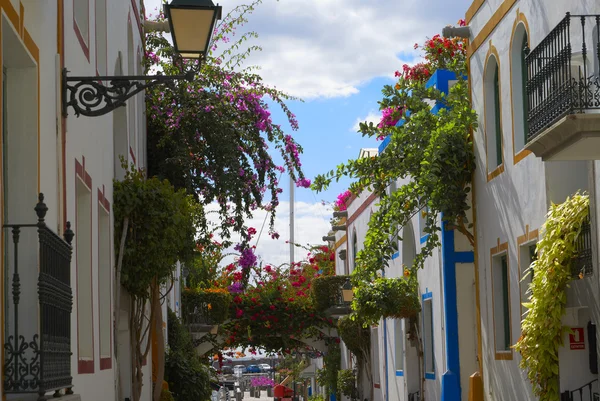 Building decorated red flowers Spain — Stock Photo, Image