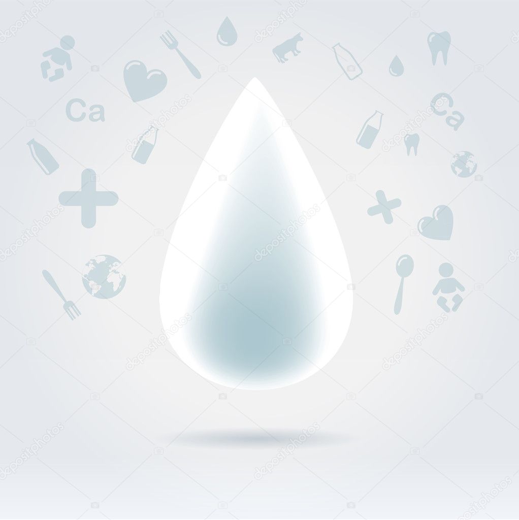 White glowing drop of milk with topic icons