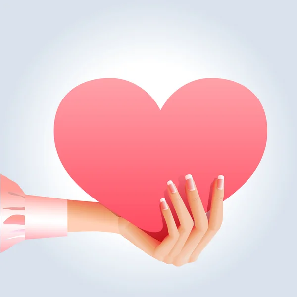 La mano de la chica sostiene el corazón romántico rosa — Vector de stock