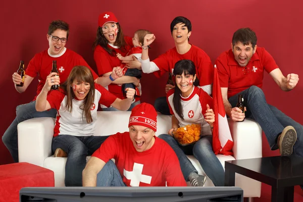 Excited Swiss sports fans — Zdjęcie stockowe
