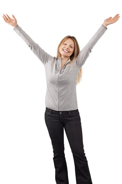 Happy woman with arms in the air — Stock Photo, Image