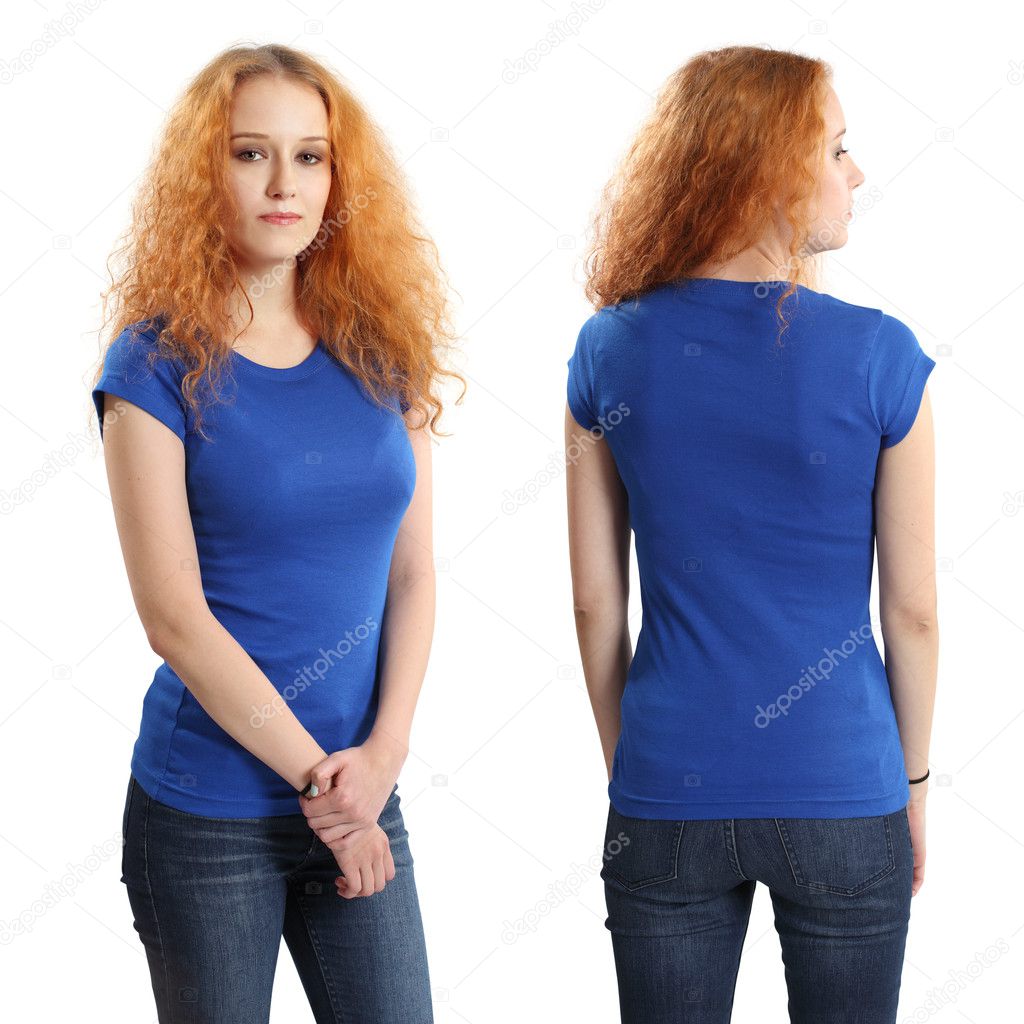 Pretty female wearing blank blue shirt