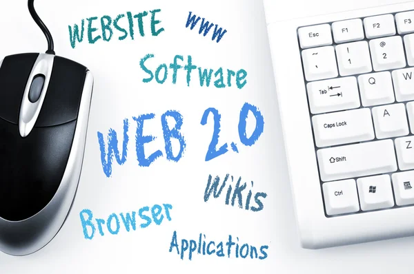 Схема слов Web 2.0 и клавиатура компьютера — стоковое фото
