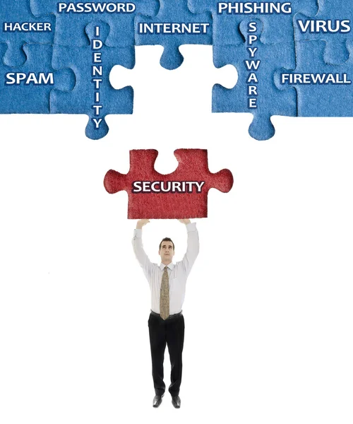 Security word on puzzle in man hands — Stock Photo, Image