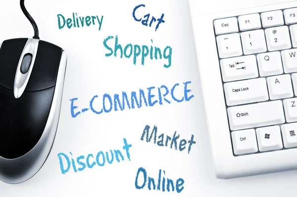 E-commerce word scheme and computer keyboard — Stock Photo, Image