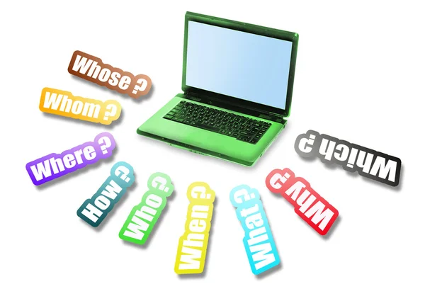 Perguntas mensagem e laptop — Fotografia de Stock