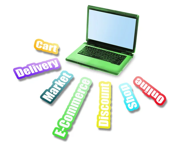Zpráva e-commerce a laptop — Stock fotografie