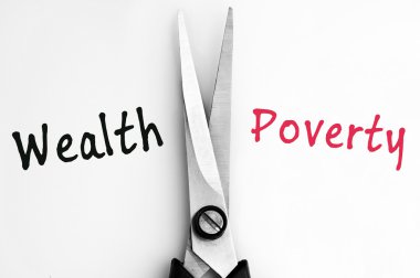 Wealth and Poverty words with scissors in middle