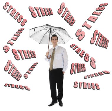 Stress word and business man with umbrella clipart