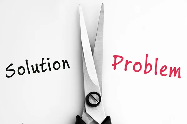 Solution and Problem words with scissors in middle — Stock Photo, Image