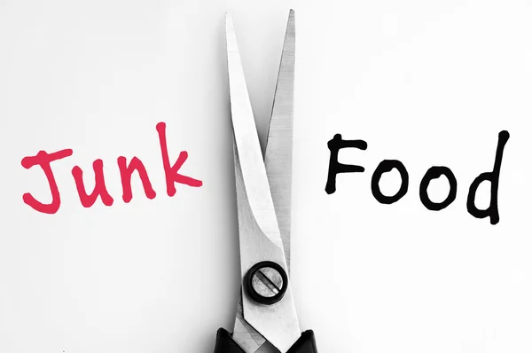 Junk and Food words with scissors in middle — Stock Photo, Image