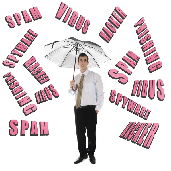 Internet-Sicherheitswort und Geschäftsmann mit Regenschirm — Stockfoto