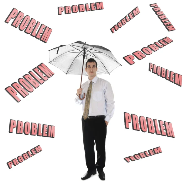 Mot problématique et homme d'affaires avec parapluie — Photo