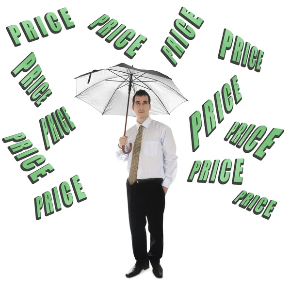 Precio palabra y hombre de negocios con paraguas — Foto de Stock