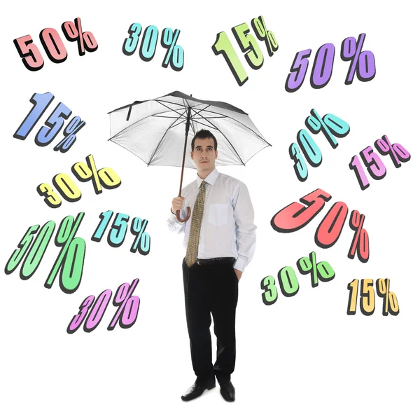 Korting woord en business man met paraplu — Stockfoto