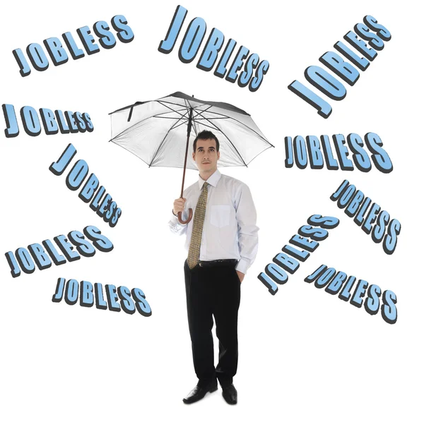 Palavra sem emprego e homem de negócios com guarda-chuva — Fotografia de Stock